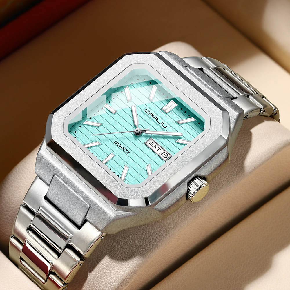 Smartwatch Square Watches For Men - CRRJU Herren-Armbanduhr aus Edelstahl, analoge Quarzuhr